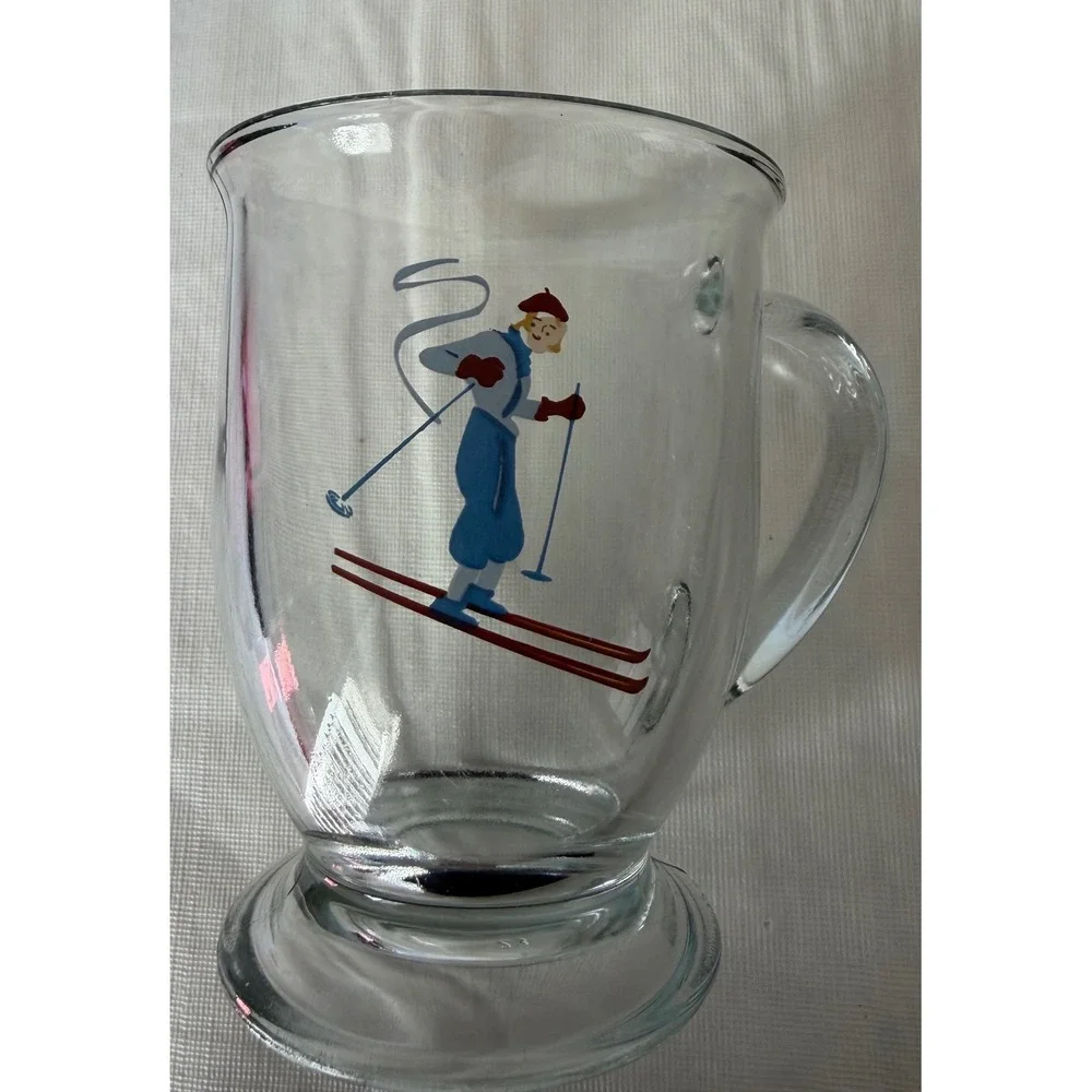 Vintage 3 Glass Footed Mugs Winter Ski Snowboard Sled Dancers‎ Williams Sonoma